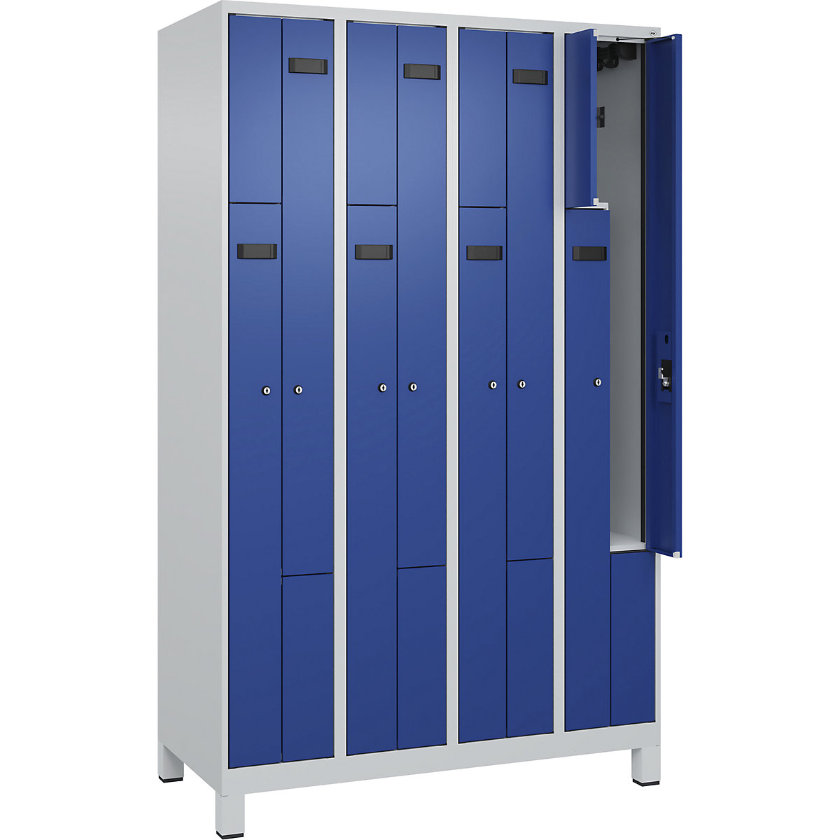 Cacifo em Z Evolo PLUS, 4 compartimentos, cinzento claro/azul genciana, L 1200 mm, 8 compartimentos, com pés largos, fechadura de cilindro-0