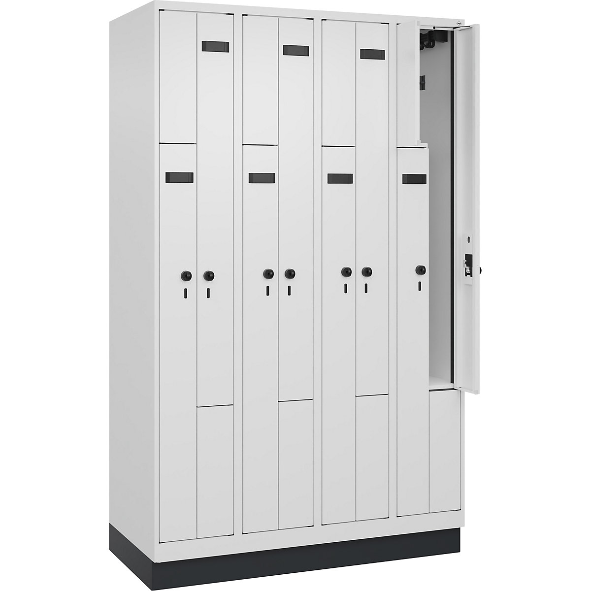 Cacifo em Z Evolo PLUS, 4 compartimentos, branco, L 1200 mm, 8 compartimentos, com rodapé, trinco de segurança rotativo-0