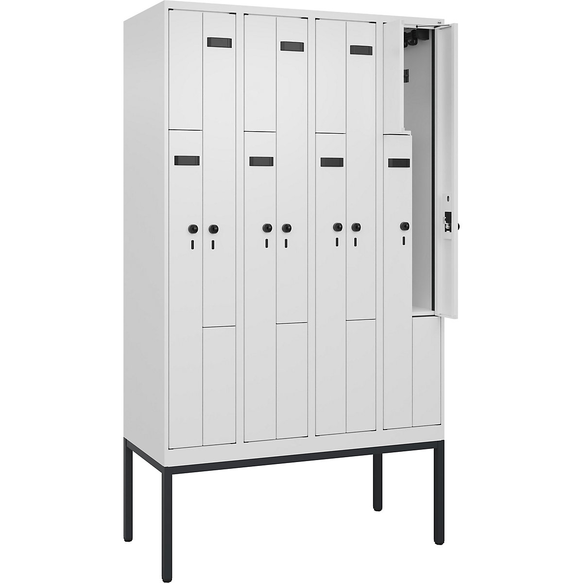 Cacifo em Z Evolo PLUS, 4 compartimentos, branco, L 1200 mm, 8 compartimentos, com pés estreitos, trinco de segurança rotativo-0