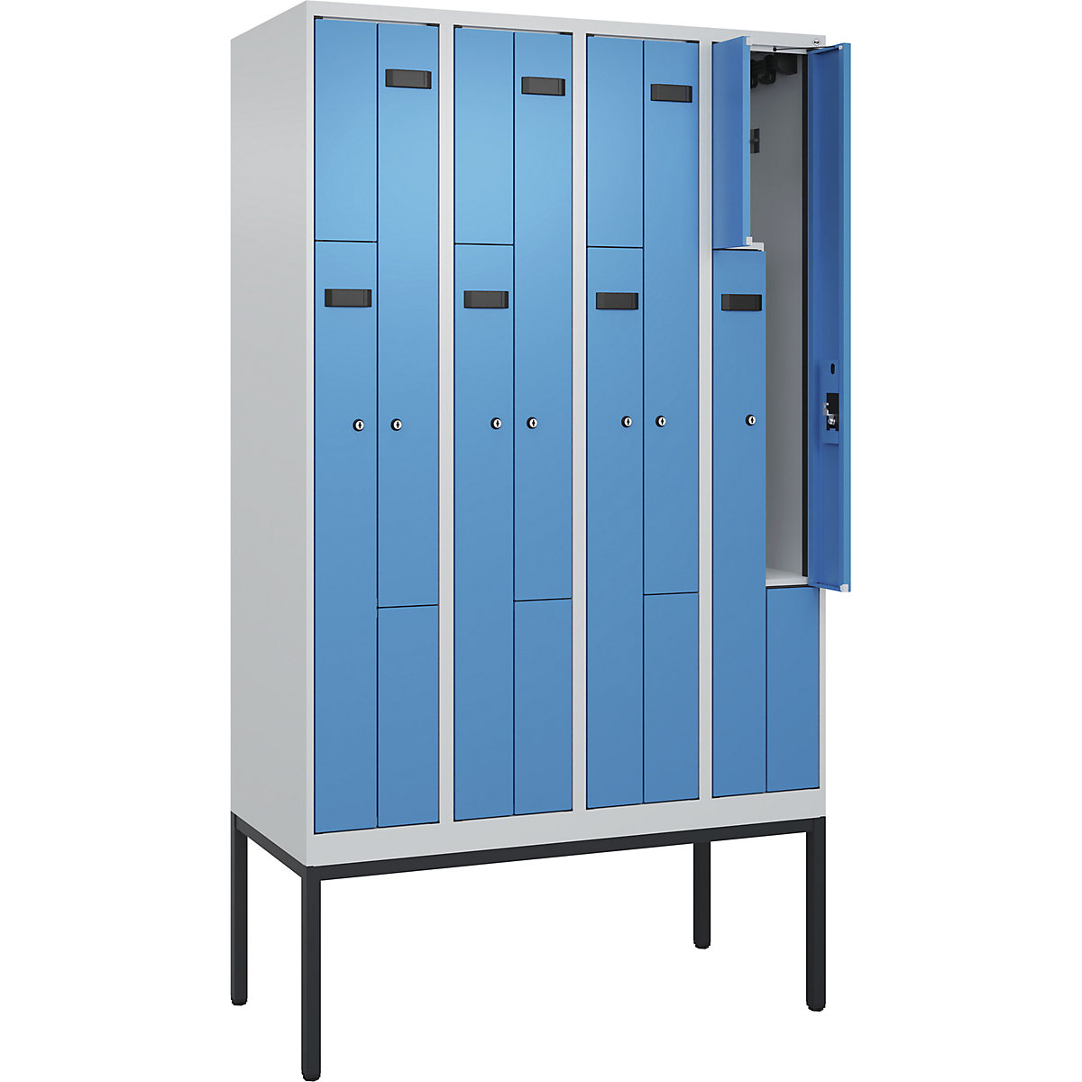 Cacifo em Z Evolo PLUS, 4 compartimentos, cinzento claro/azul claro, L 1200 mm, 8 compartimentos, com pés estreitos, fechadura de cilindro-0