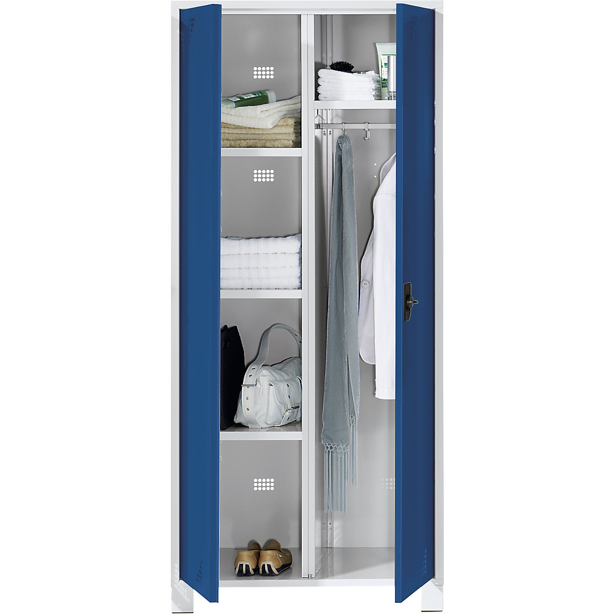 Cacifo multiusos/de vestiário Bremen – eurokraft pro, divisória central, barra para vestuário, cinzento claro/azul brilhante, largura 600 mm-0