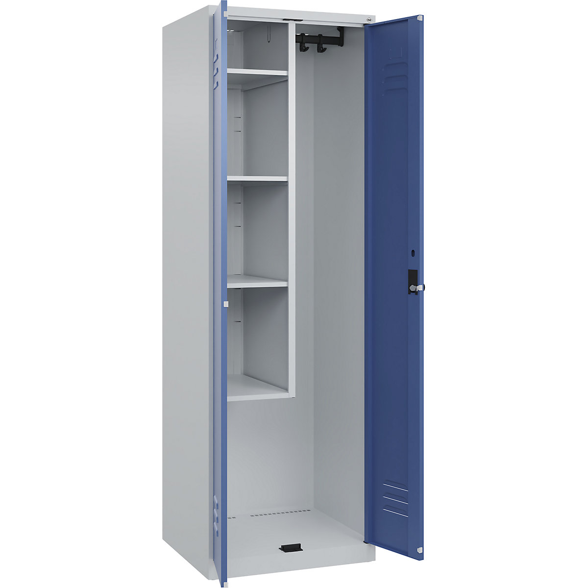 Cacifo para material de limpeza Classic PLUS – C+P, 1 compartimento, divisória central, encurtada, cinzento claro/azul distante, L 600 mm, com sapatas, trinco rotativo-0
