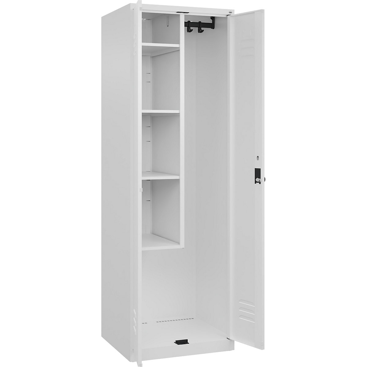 Cacifo para material de limpeza Classic PLUS – C+P, 1 compartimento, divisória central, encurtada, branco trânsito, L 600 mm, com sapatas, trinco rotativo-0