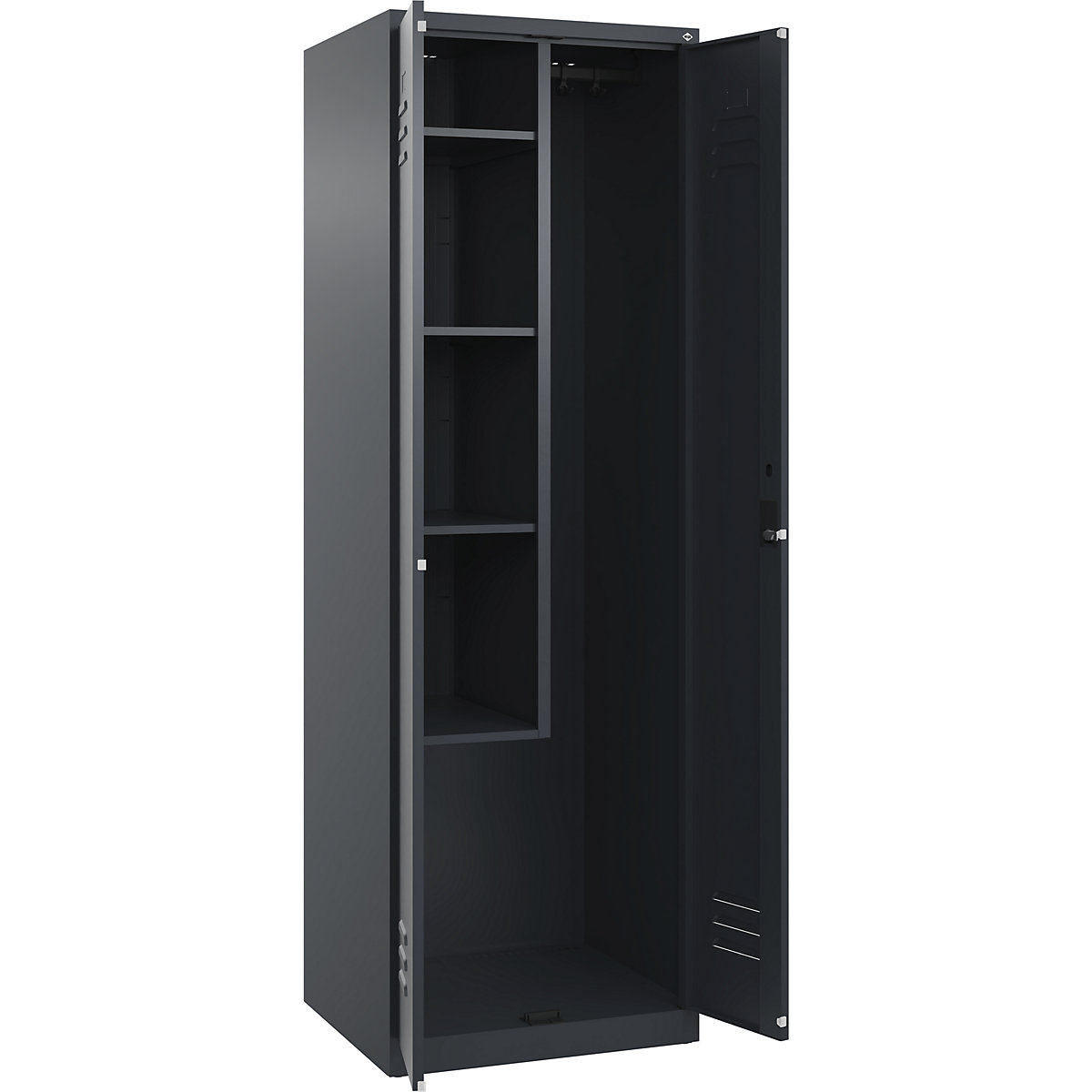 Cacifo para material de limpeza Classic PLUS – C+P, 1 compartimento, divisória central, encurtada, cinzento, L 600 mm, com sapatas, fechadura de cilindro-0