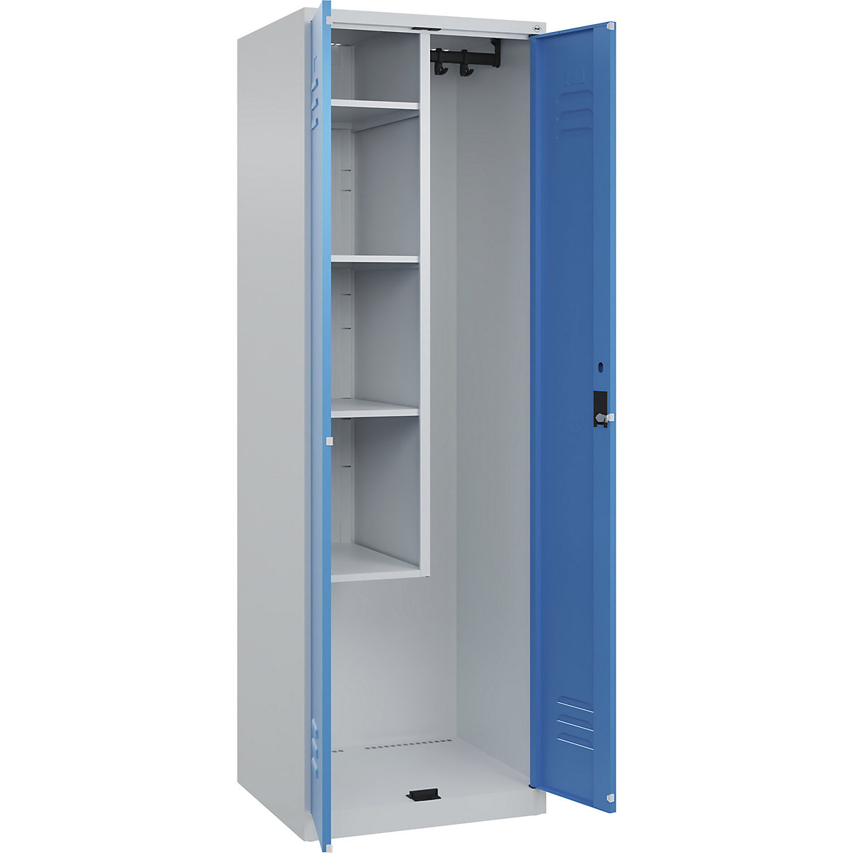 Cacifo para material de limpeza Classic PLUS – C+P, 1 compartimento, divisória central, encurtada, cinzento claro/azul claro, L 600 mm, com sapatas, fechadura de cilindro-0