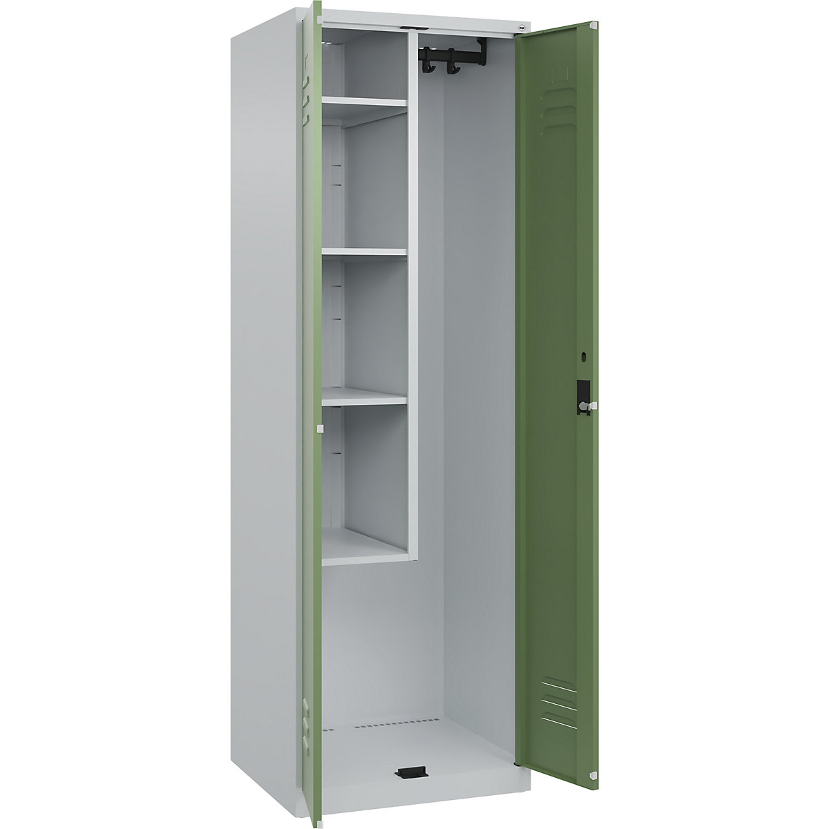 Cacifo para material de limpeza Classic PLUS – C+P, 1 compartimento, divisória central, encurtada, cinzento claro/verde reseda, L 600 mm, com sapatas, fechadura de cilindro-0