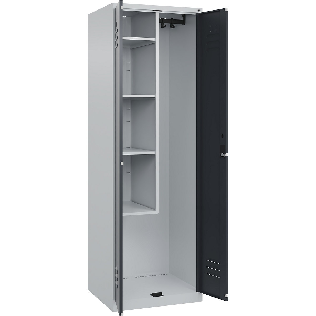 Cacifo para material de limpeza Classic PLUS – C+P, 1 compartimento, divisória central, encurtada, cinzento claro/cinzento, L 600 mm, com sapatas, fechadura de cilindro-0