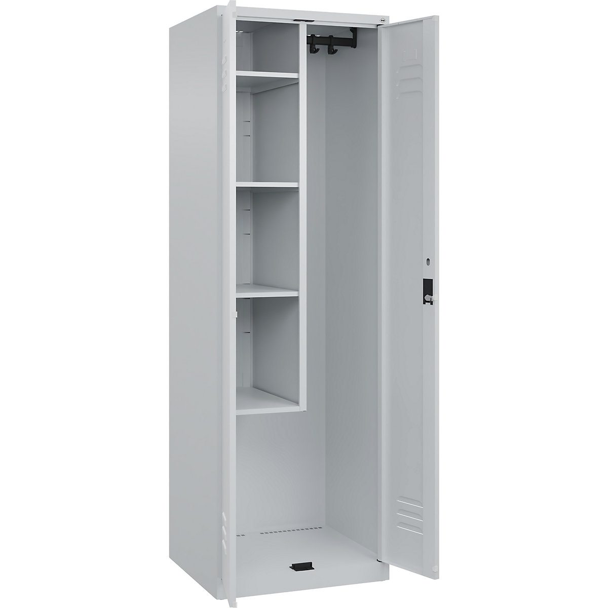 Cacifo para material de limpeza Classic PLUS – C+P, 1 compartimento, divisória central, encurtada, cinzento claro, L 600 mm, com sapatas, fechadura de cilindro-0