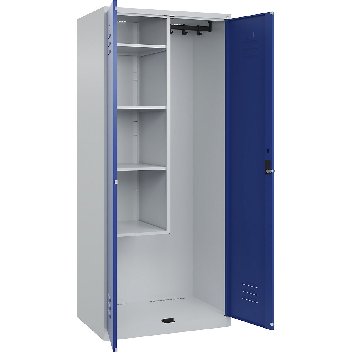 Cacifo para material de limpeza Classic PLUS – C+P, 1 compartimento, divisória central, encurtada, cinzento claro/azul genciana, L 800 mm, com sapatas, trinco rotativo-0