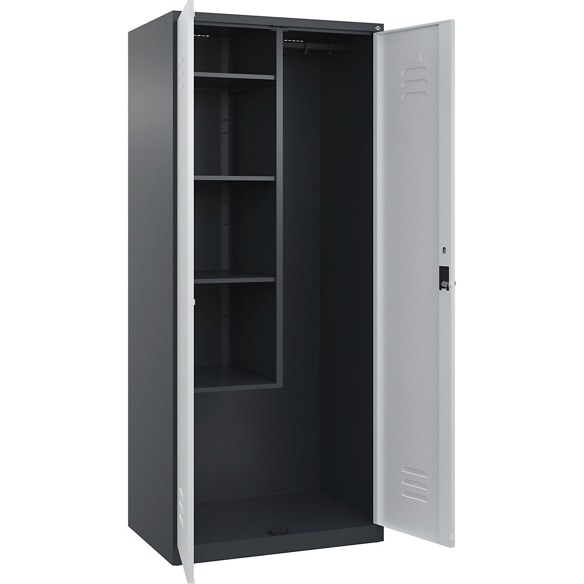 Cacifo para material de limpeza Classic PLUS – C+P, 1 compartimento, divisória central, encurtada, cinzento, L 800 mm, com sapatas, trinco rotativo-0