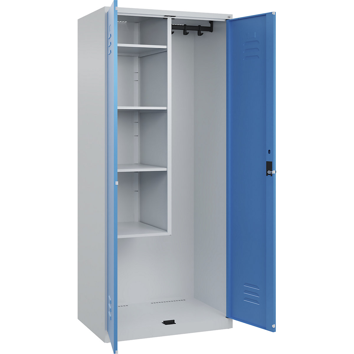 Cacifo para material de limpeza Classic PLUS – C+P, 1 compartimento, divisória central, encurtada, cinzento claro/azul claro, L 800 mm, com sapatas, trinco rotativo-0