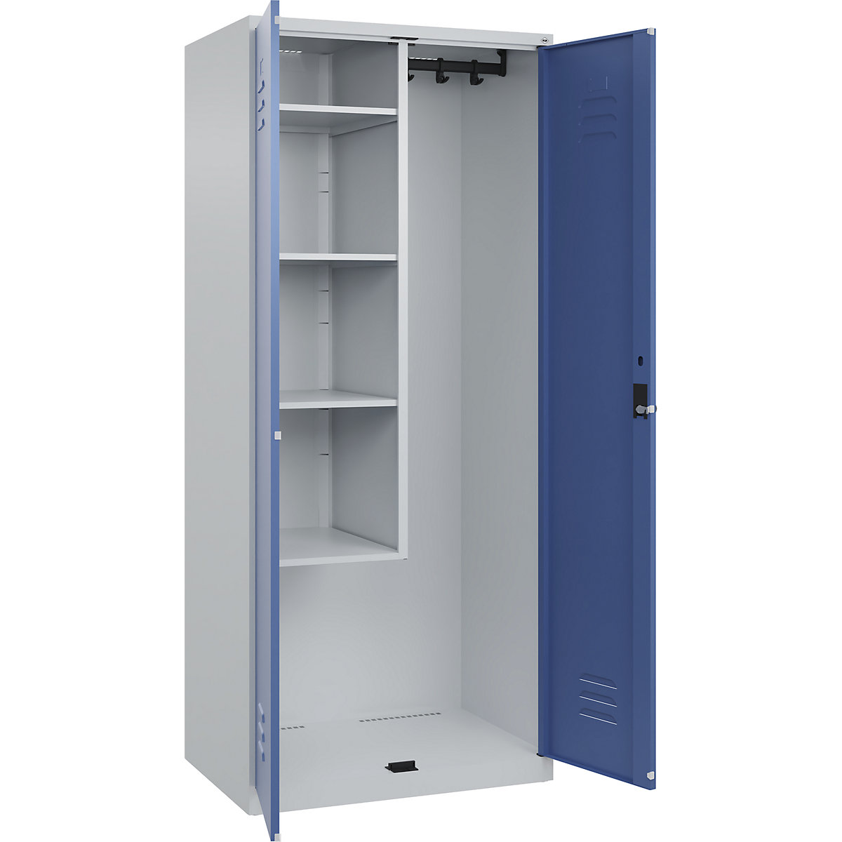 Cacifo para material de limpeza Classic PLUS – C+P, 1 compartimento, divisória central, encurtada, cinzento claro/azul distante, L 800 mm, com sapatas, trinco rotativo-0