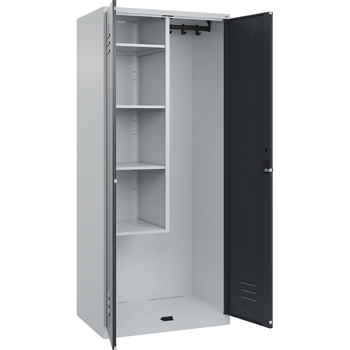 Cacifo para material de limpeza Classic PLUS – C+P, 1 compartimento, divisória central, encurtada, cinzento claro/cinzento, L 800 mm, com sapatas, trinco rotativo-0