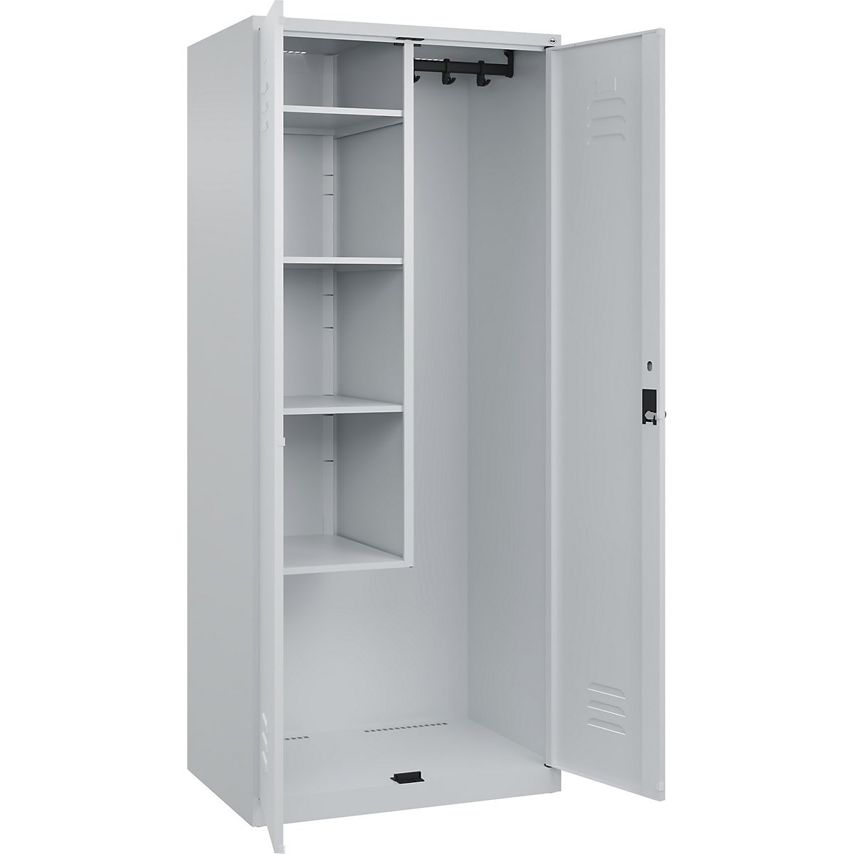Cacifo para material de limpeza Classic PLUS – C+P, 1 compartimento, divisória central, encurtada, cinzento claro, L 800 mm, com sapatas, trinco rotativo-0
