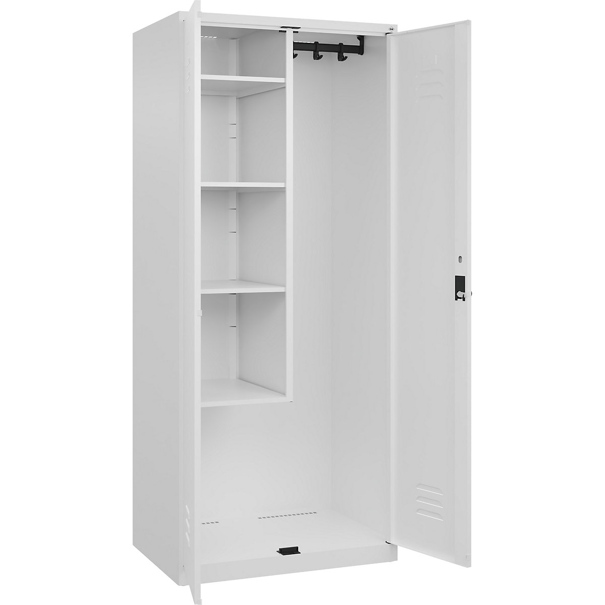 Cacifo para material de limpeza Classic PLUS – C+P, 1 compartimento, divisória central, encurtada, branco trânsito, L 800 mm, com sapatas, trinco rotativo-0