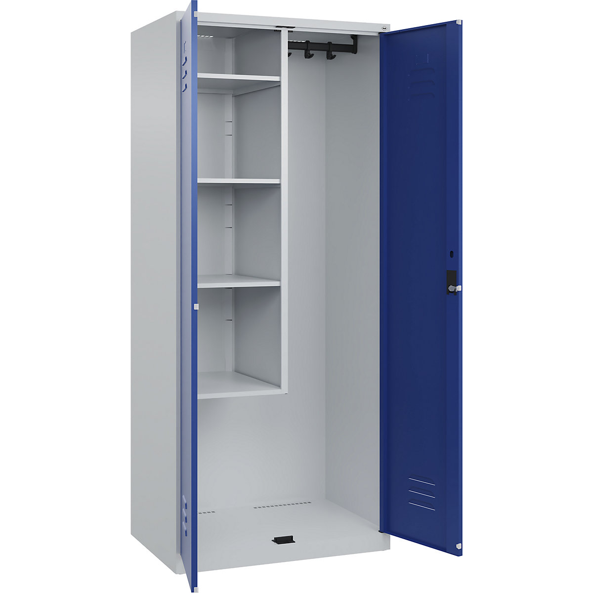 Cacifo para material de limpeza Classic PLUS – C+P, 1 compartimento, divisória central, encurtada, cinzento claro/azul genciana, L 800 mm, com sapatas, fechadura de cilindro-0