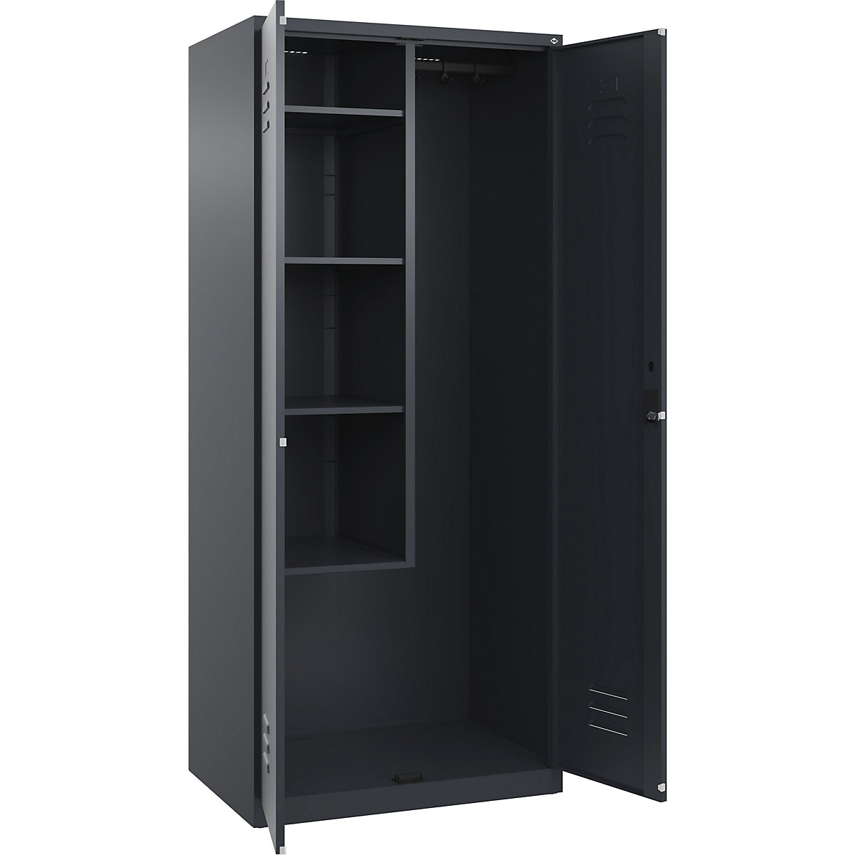 Cacifo para material de limpeza Classic PLUS – C+P, 1 compartimento, divisória central, encurtada, cinzento, L 800 mm, com sapatas, fechadura de cilindro-0