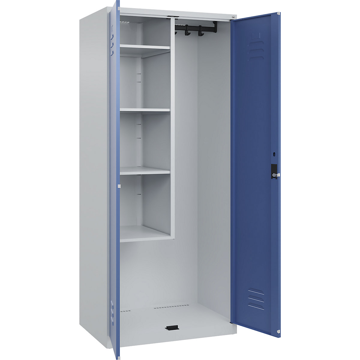 Cacifo para material de limpeza Classic PLUS – C+P, 1 compartimento, divisória central, encurtada, cinzento claro/azul distante, L 800 mm, com sapatas, fechadura de cilindro-0