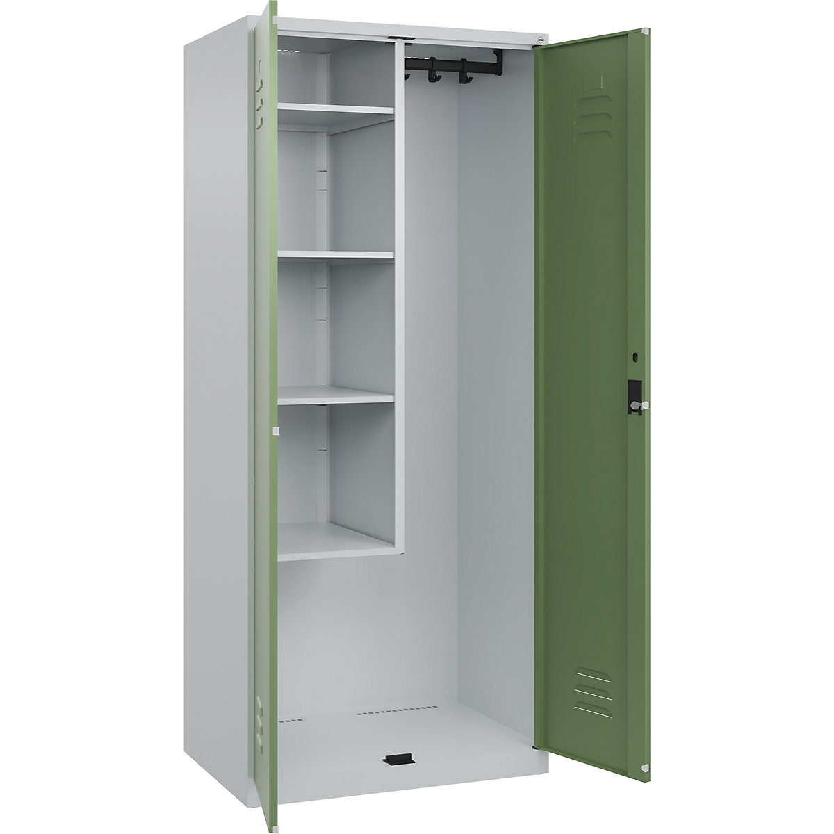 Cacifo para material de limpeza Classic PLUS – C+P, 1 compartimento, divisória central, encurtada, cinzento claro/verde reseda, L 800 mm, com sapatas, fechadura de cilindro-0