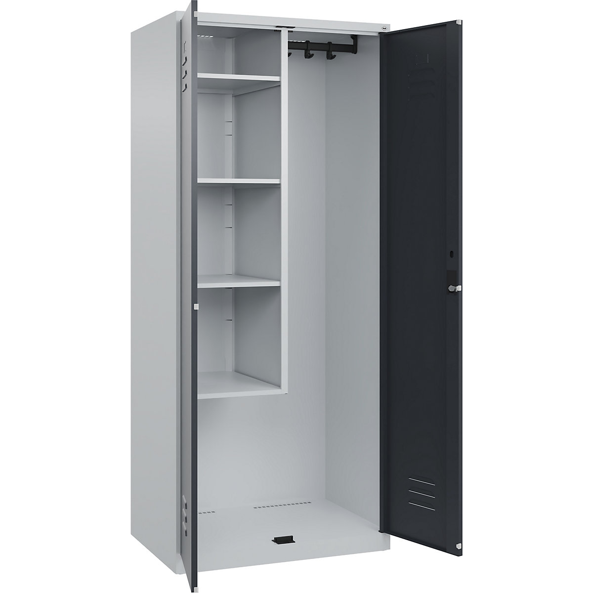 Cacifo para material de limpeza Classic PLUS – C+P, 1 compartimento, divisória central, encurtada, cinzento claro/cinzento, L 800 mm, com sapatas, fechadura de cilindro-0