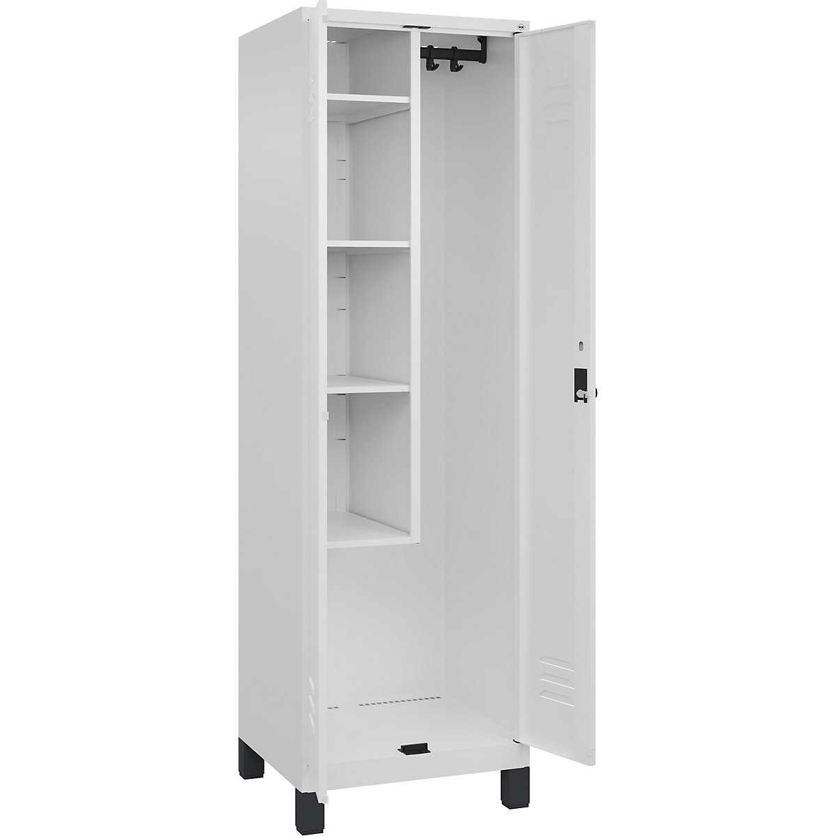 Cacifo para material de limpeza Classic PLUS – C+P, 1 compartimento, divisória central, encurtada, branco trânsito, L 600 mm, com pés, trinco rotativo-0