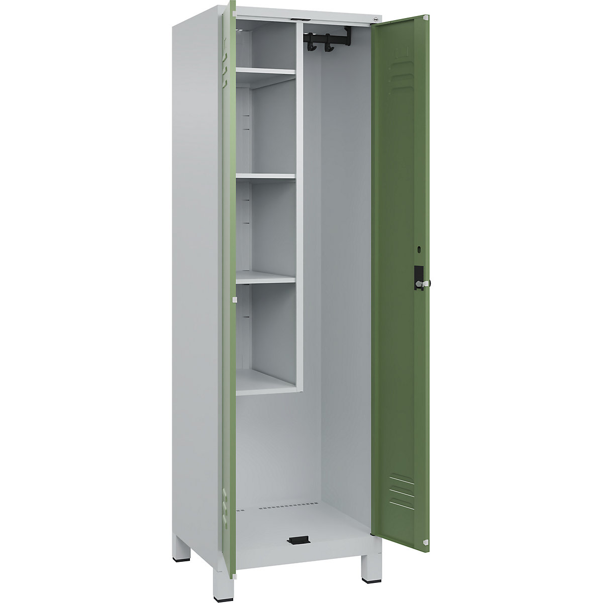 Cacifo para material de limpeza Classic PLUS – C+P, 1 compartimento, divisória central, encurtada, cinzento claro/verde reseda, L 600 mm, com pés, trinco rotativo-0