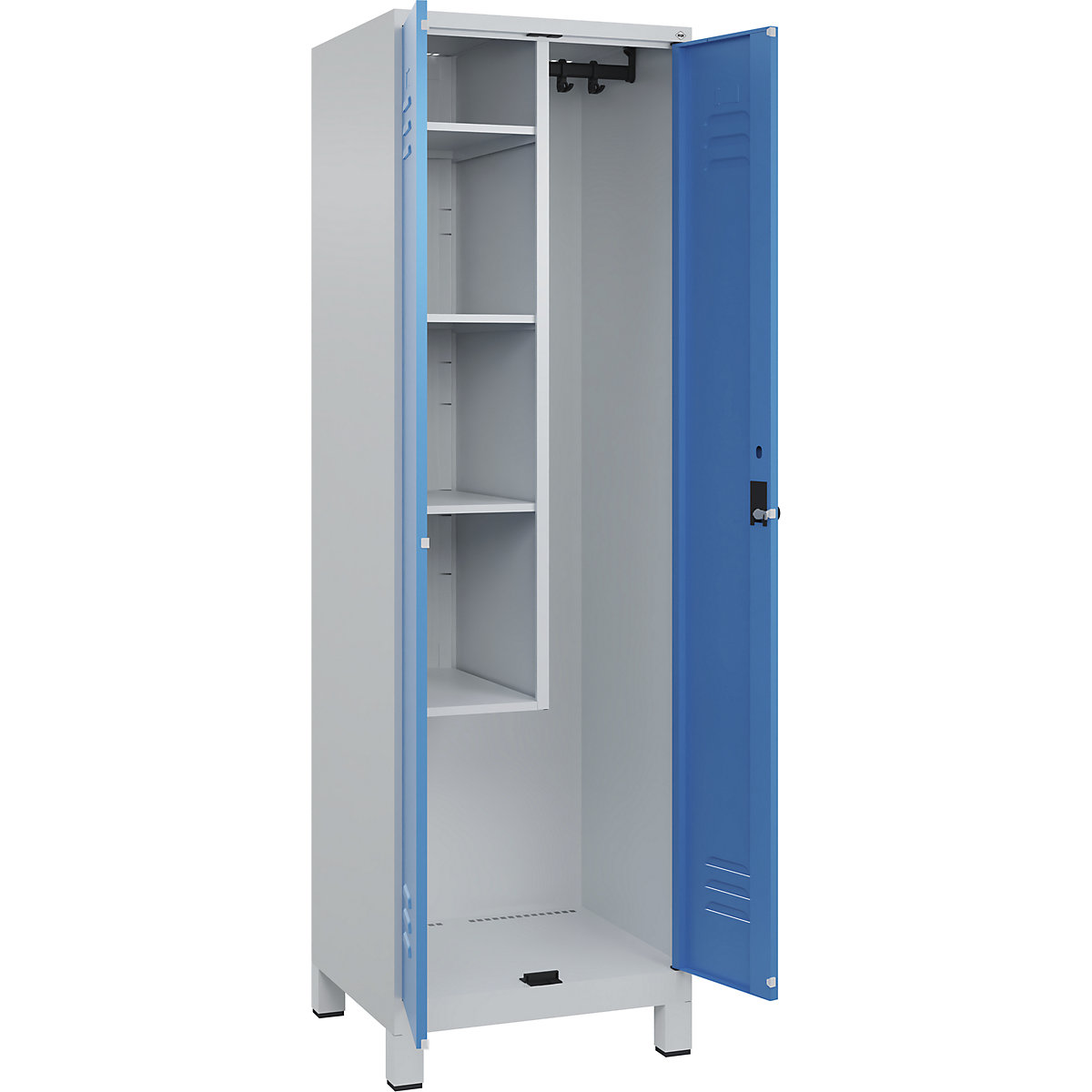 Cacifo para material de limpeza Classic PLUS – C+P, 1 compartimento, divisória central, encurtada, cinzento claro/azul claro, L 600 mm, com pés, trinco rotativo-0
