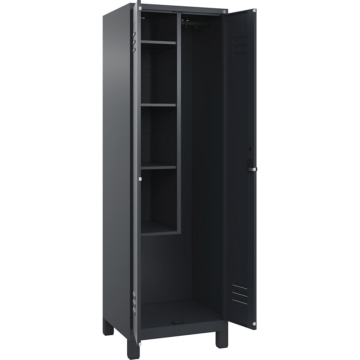 Cacifo para material de limpeza Classic PLUS – C+P, 1 compartimento, divisória central, encurtada, cinzento, L 600 mm, com pés, trinco rotativo-0