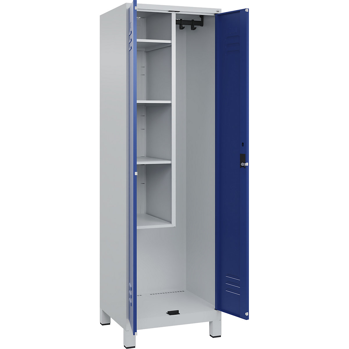 Cacifo para material de limpeza Classic PLUS – C+P, 1 compartimento, divisória central, encurtada, cinzento claro/azul genciana, L 600 mm, com pés, fechadura de cilindro-0