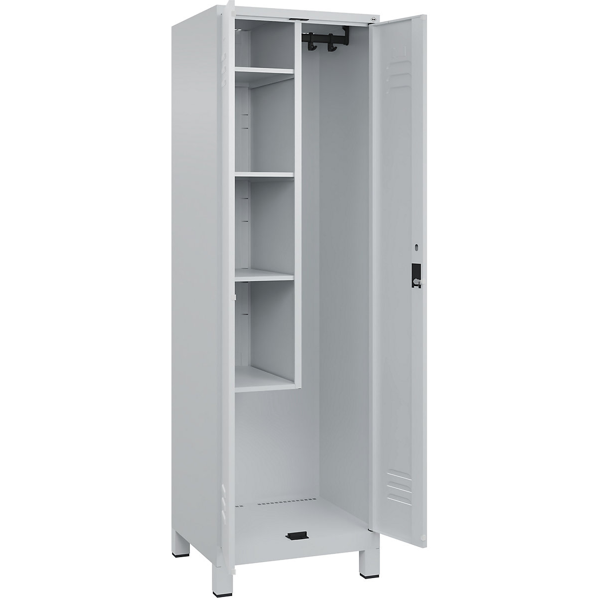 Cacifo para material de limpeza Classic PLUS – C+P, 1 compartimento, divisória central, encurtada, cinzento claro, L 600 mm, com pés, fechadura de cilindro-0