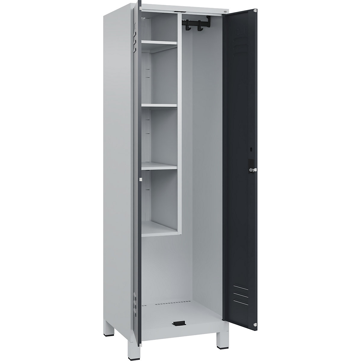 Cacifo para material de limpeza Classic PLUS – C+P, 1 compartimento, divisória central, encurtada, cinzento claro/cinzento, L 600 mm, com pés, fechadura de cilindro-0