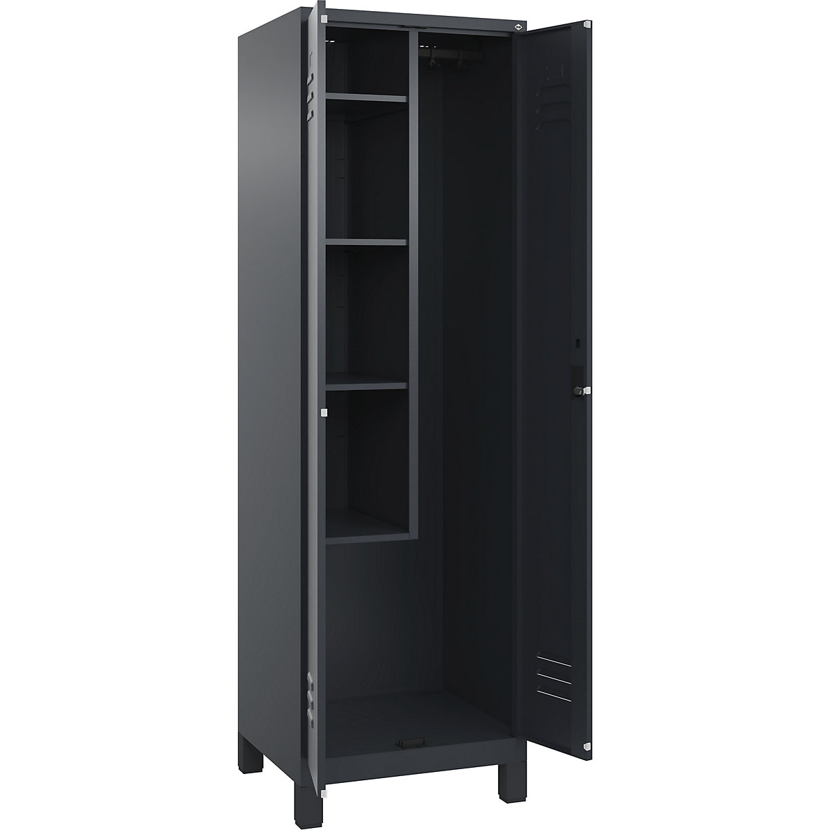 Cacifo para material de limpeza Classic PLUS – C+P, 1 compartimento, divisória central, encurtada, cinzento, L 600 mm, com pés, fechadura de cilindro-0