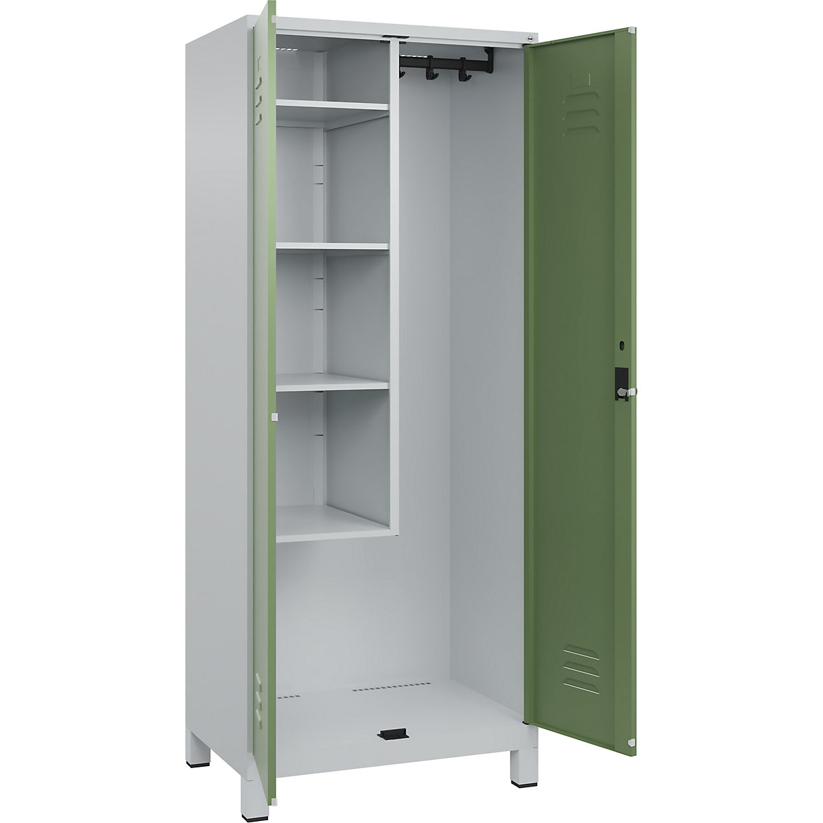 Cacifo para material de limpeza Classic PLUS – C+P, 1 compartimento, divisória central, encurtada, cinzento claro/verde reseda, L 800 mm, com pés, trinco rotativo-0
