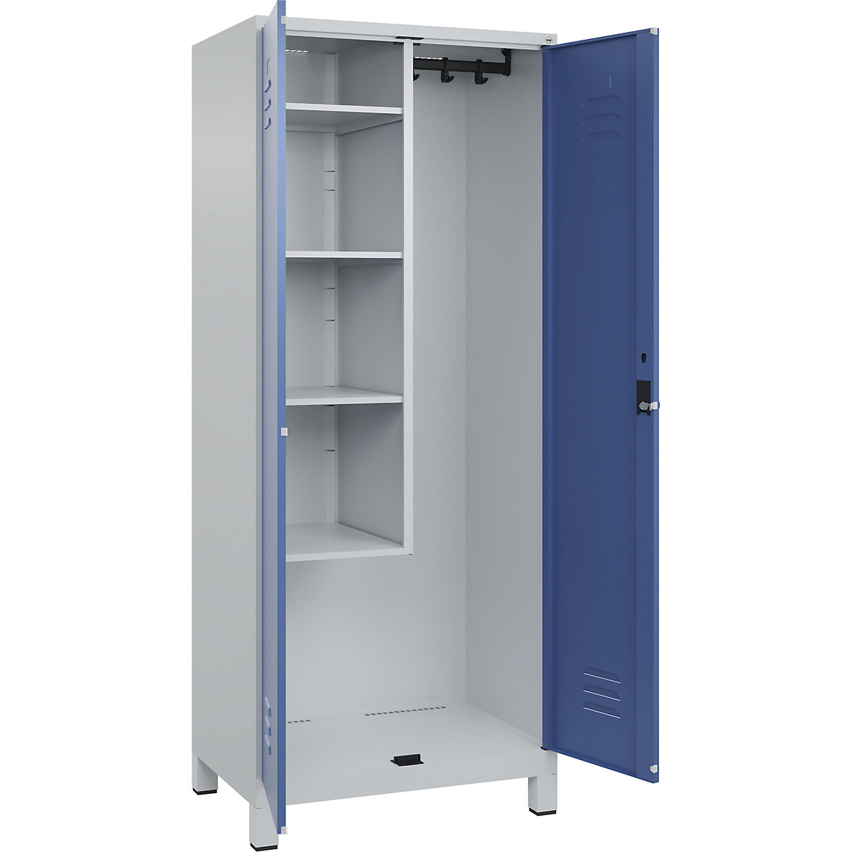 Cacifo para material de limpeza Classic PLUS – C+P, 1 compartimento, divisória central, encurtada, cinzento claro/azul distante, L 800 mm, com pés, trinco rotativo-0