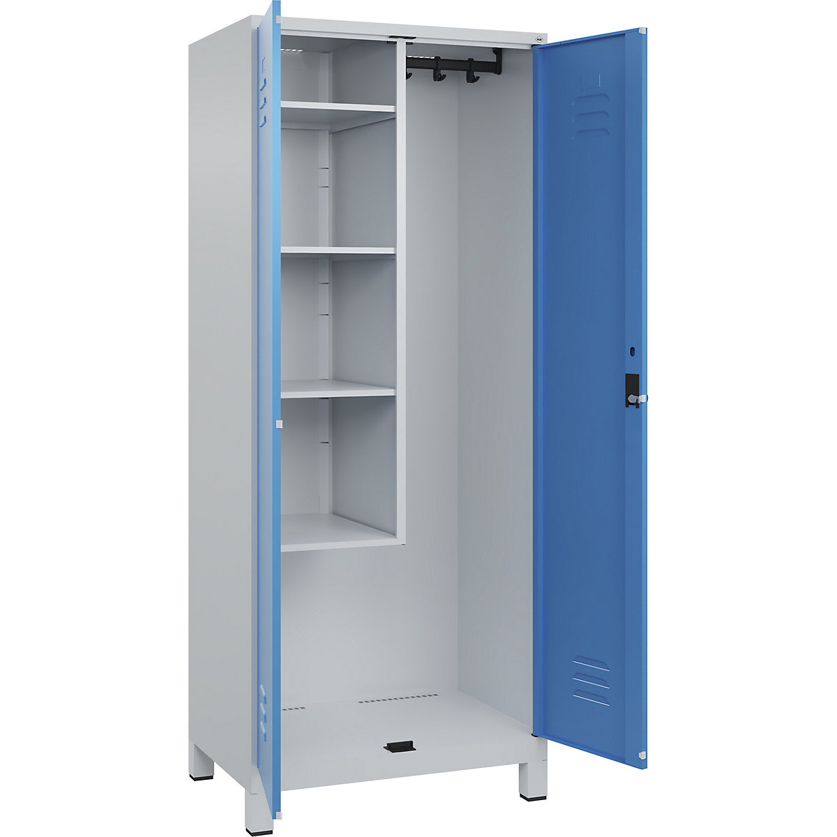 Cacifo para material de limpeza Classic PLUS – C+P, 1 compartimento, divisória central, encurtada, cinzento claro/azul claro, L 800 mm, com pés, trinco rotativo-0