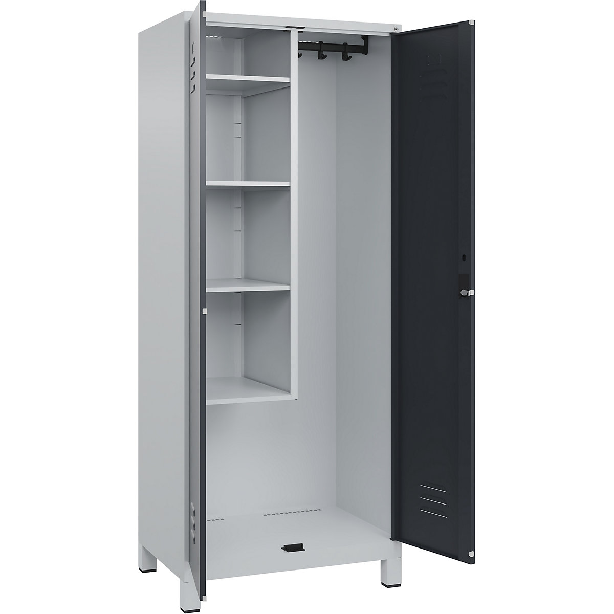 Cacifo para material de limpeza Classic PLUS – C+P, 1 compartimento, divisória central, encurtada, cinzento claro/cinzento, L 800 mm, com pés, trinco rotativo-0