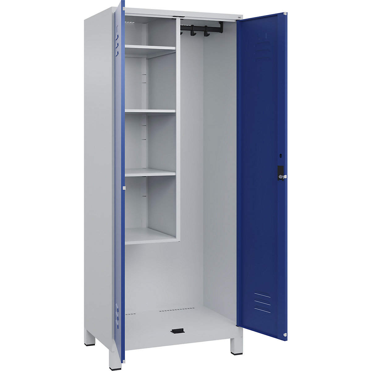 Cacifo para material de limpeza Classic PLUS – C+P, 1 compartimento, divisória central, encurtada, cinzento claro/azul genciana, L 800 mm, com pés, fechadura de cilindro-0