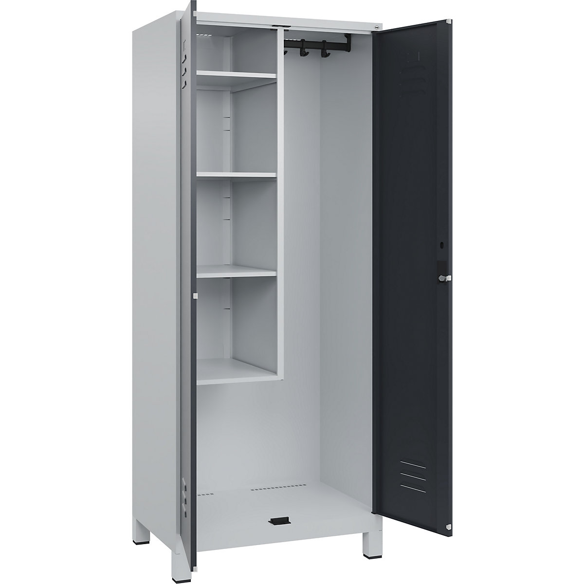 Cacifo para material de limpeza Classic PLUS – C+P, 1 compartimento, divisória central, encurtada, cinzento claro/cinzento, L 800 mm, com pés, fechadura de cilindro-0