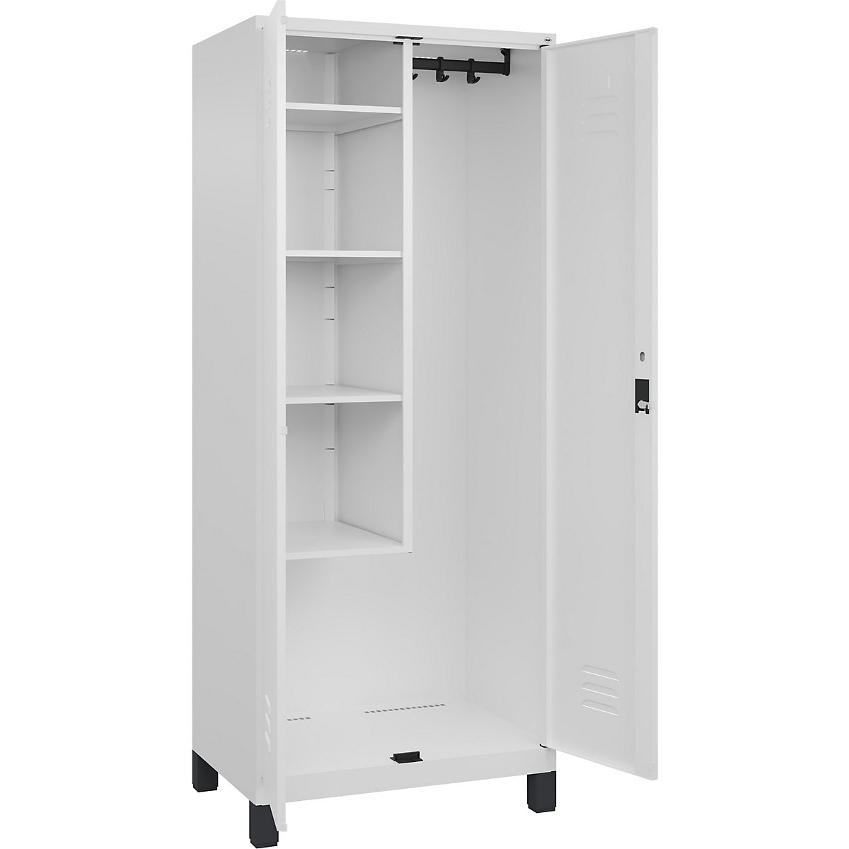 Cacifo para material de limpeza Classic PLUS – C+P, 1 compartimento, divisória central, encurtada, branco trânsito, L 800 mm, com pés, fechadura de cilindro-0