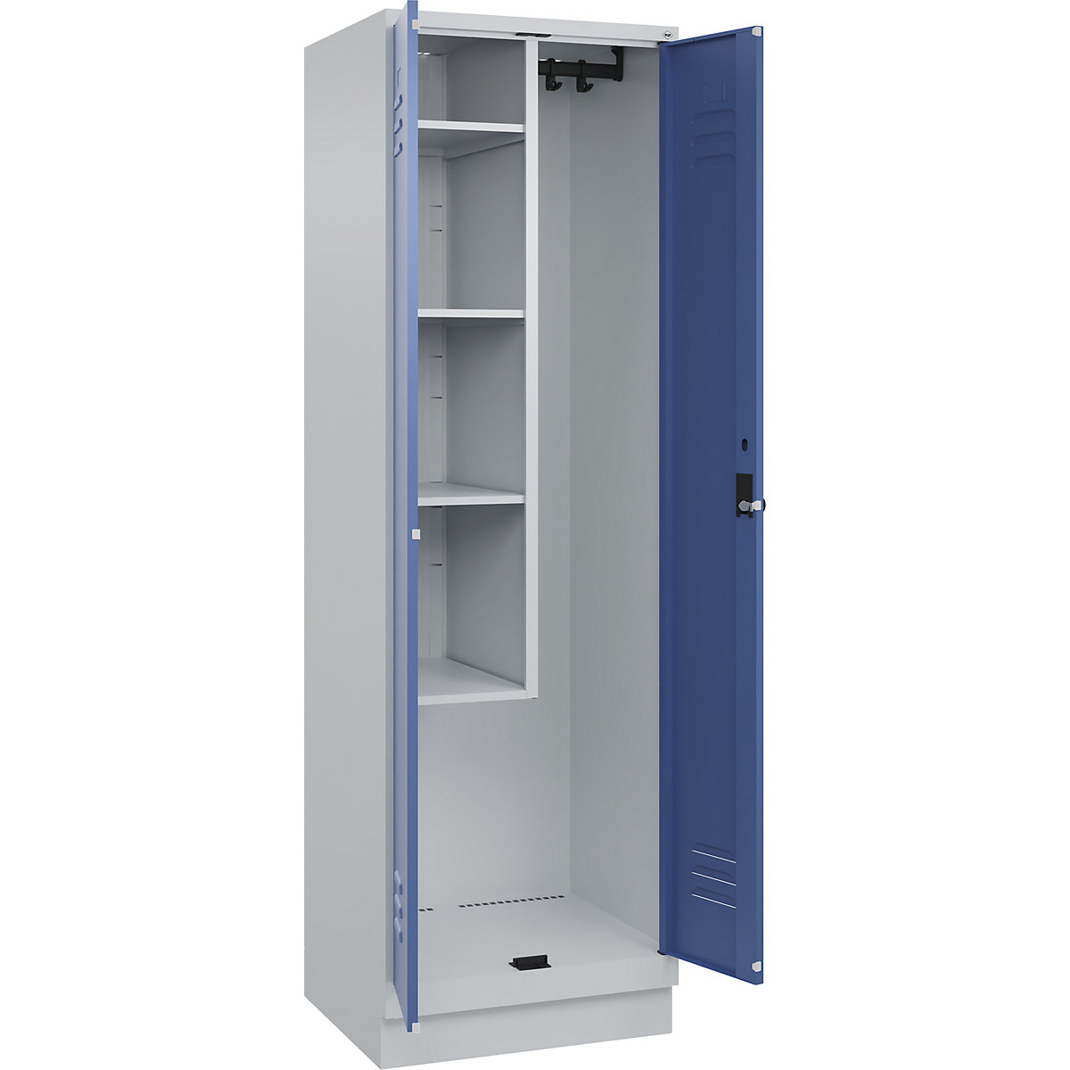 Cacifo para material de limpeza Classic PLUS – C+P, 1 compartimento, divisória central, encurtada, cinzento claro/azul distante, L 600 mm, com rodapé, trinco rotativo-0