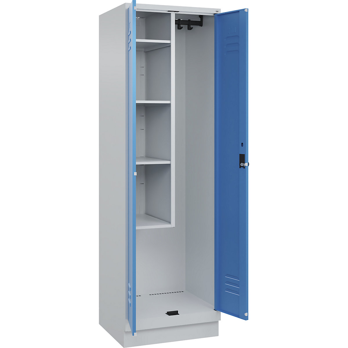 Cacifo para material de limpeza Classic PLUS – C+P, 1 compartimento, divisória central, encurtada, cinzento claro/azul claro, L 600 mm, com rodapé, trinco rotativo-0