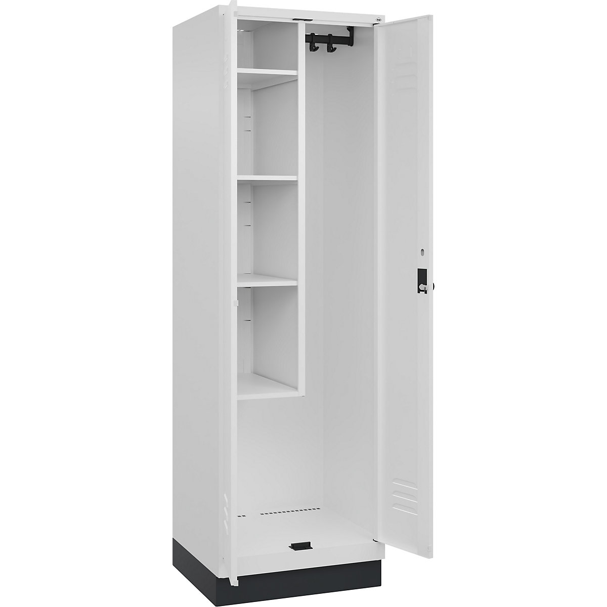 Cacifo para material de limpeza Classic PLUS – C+P, 1 compartimento, divisória central, encurtada, branco trânsito, L 600 mm, com rodapé, trinco rotativo-0