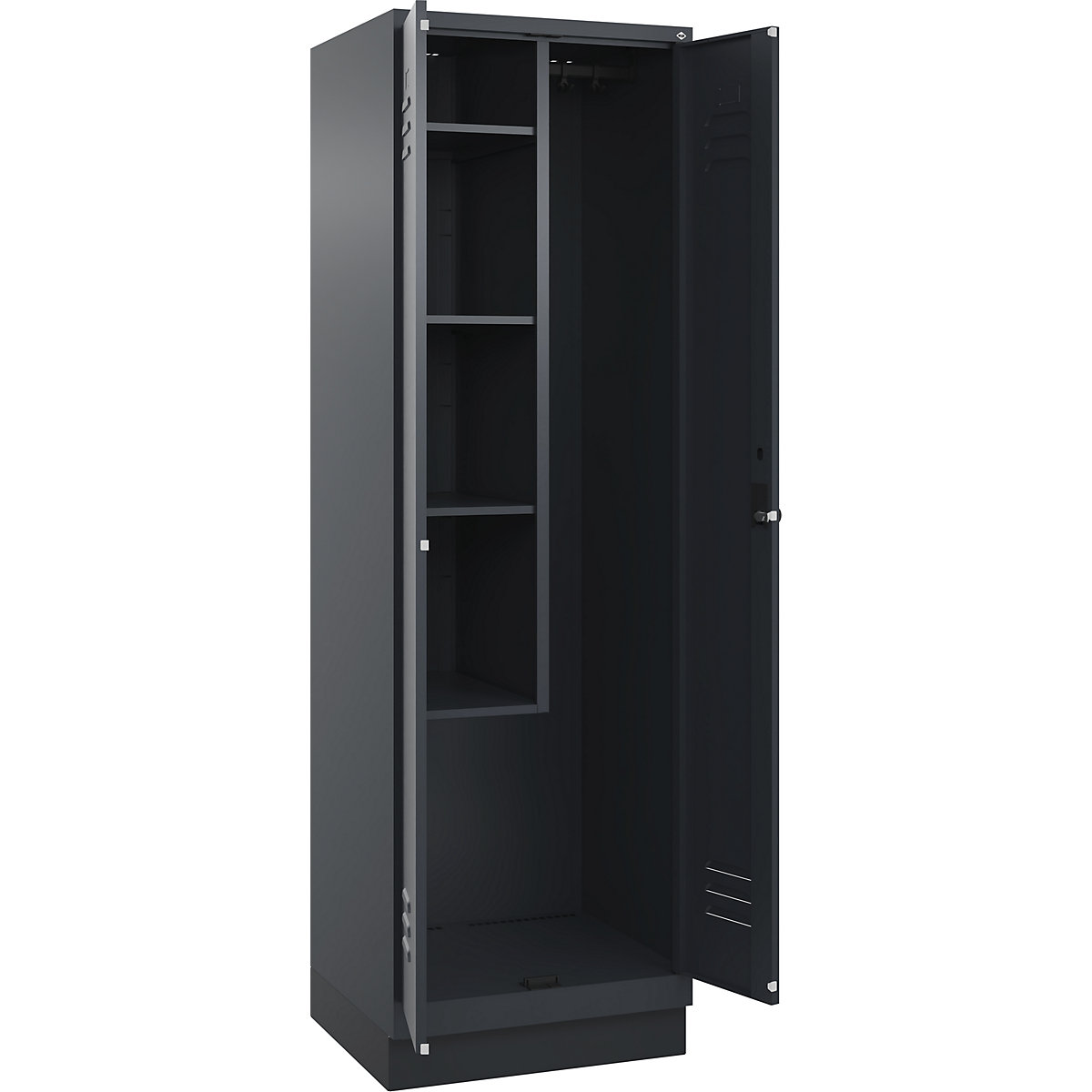 Cacifo para material de limpeza Classic PLUS – C+P, 1 compartimento, divisória central, encurtada, cinzento, L 600 mm, com rodapé, trinco rotativo-0