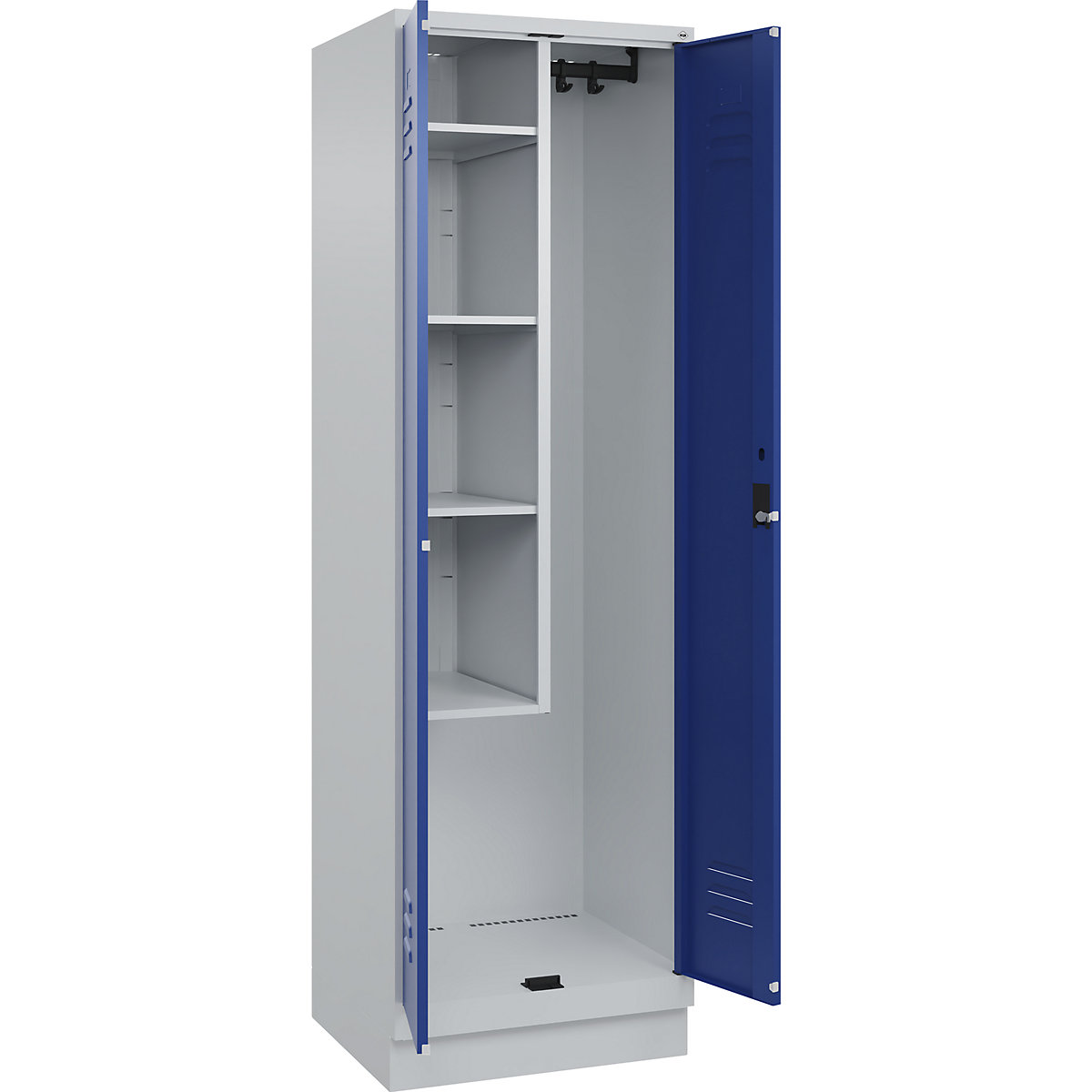 Cacifo para material de limpeza Classic PLUS – C+P, 1 compartimento, divisória central, encurtada, cinzento claro/azul genciana, L 600 mm, com rodapé, fechadura de cilindro-0