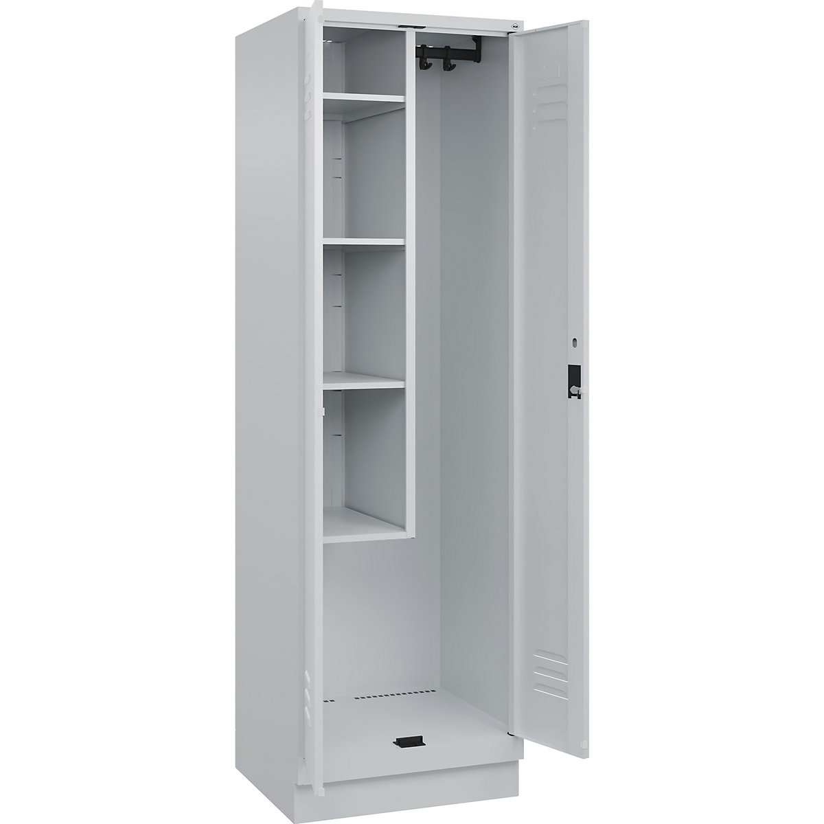 Cacifo para material de limpeza Classic PLUS – C+P, 1 compartimento, divisória central, encurtada, cinzento claro, L 600 mm, com rodapé, fechadura de cilindro-0