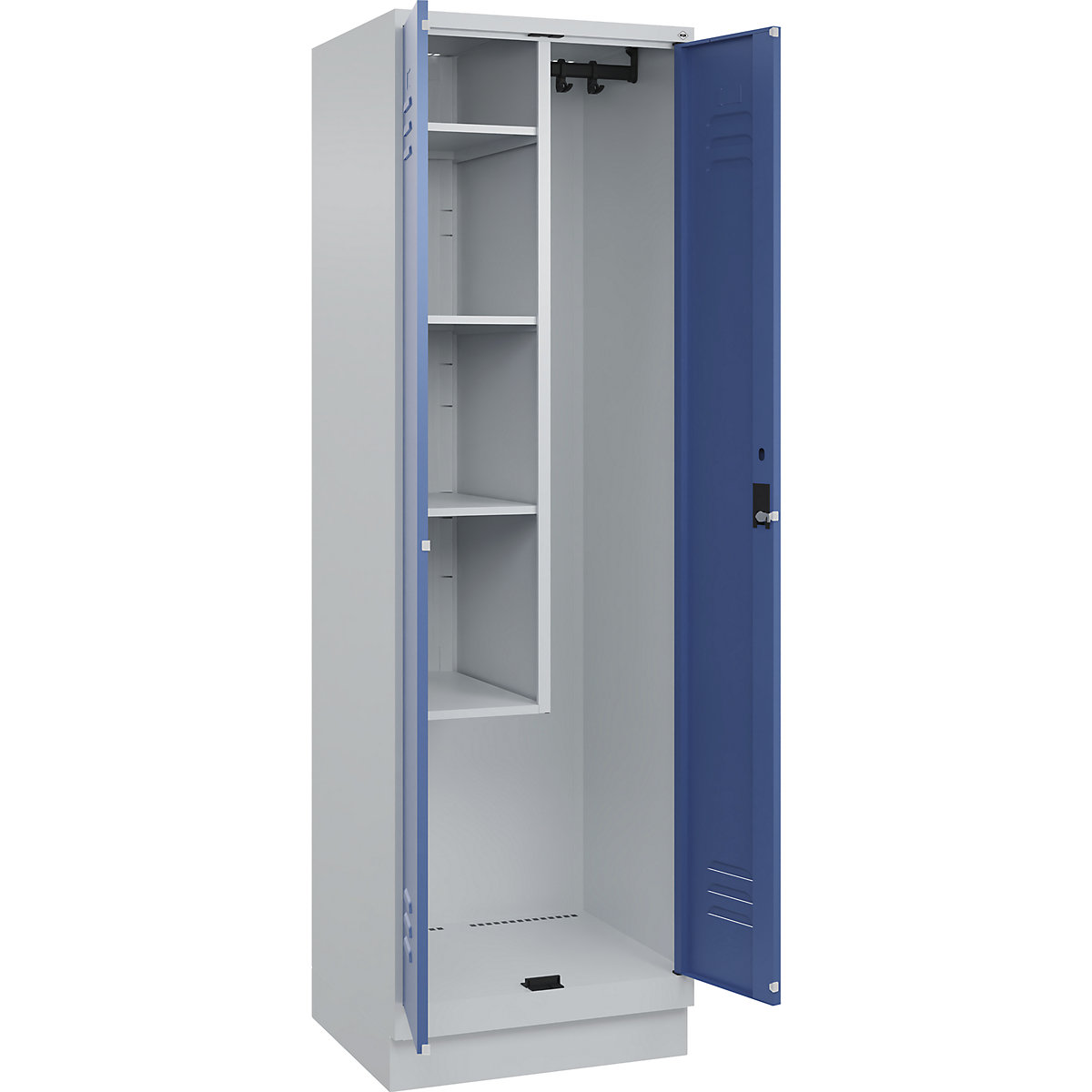 Cacifo para material de limpeza Classic PLUS – C+P, 1 compartimento, divisória central, encurtada, cinzento claro/azul distante, L 600 mm, com rodapé, fechadura de cilindro-0