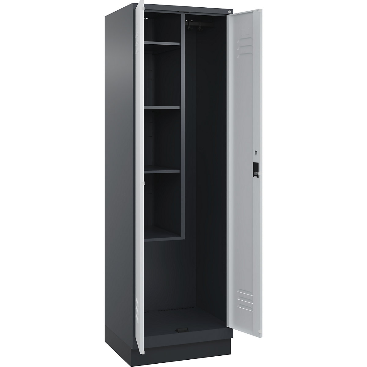 Cacifo para material de limpeza Classic PLUS – C+P, 1 compartimento, divisória central, encurtada, cinzento, L 600 mm, com rodapé, fechadura de cilindro-0