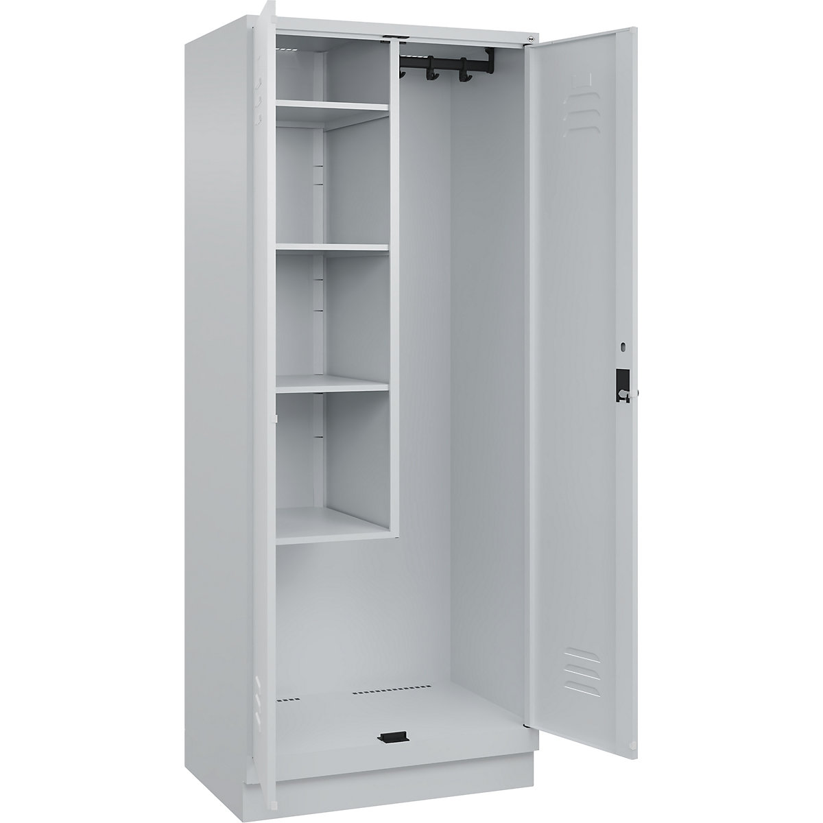 Cacifo para material de limpeza Classic PLUS – C+P, 1 compartimento, divisória central, encurtada, cinzento claro, L 800 mm, com rodapé, trinco rotativo-0