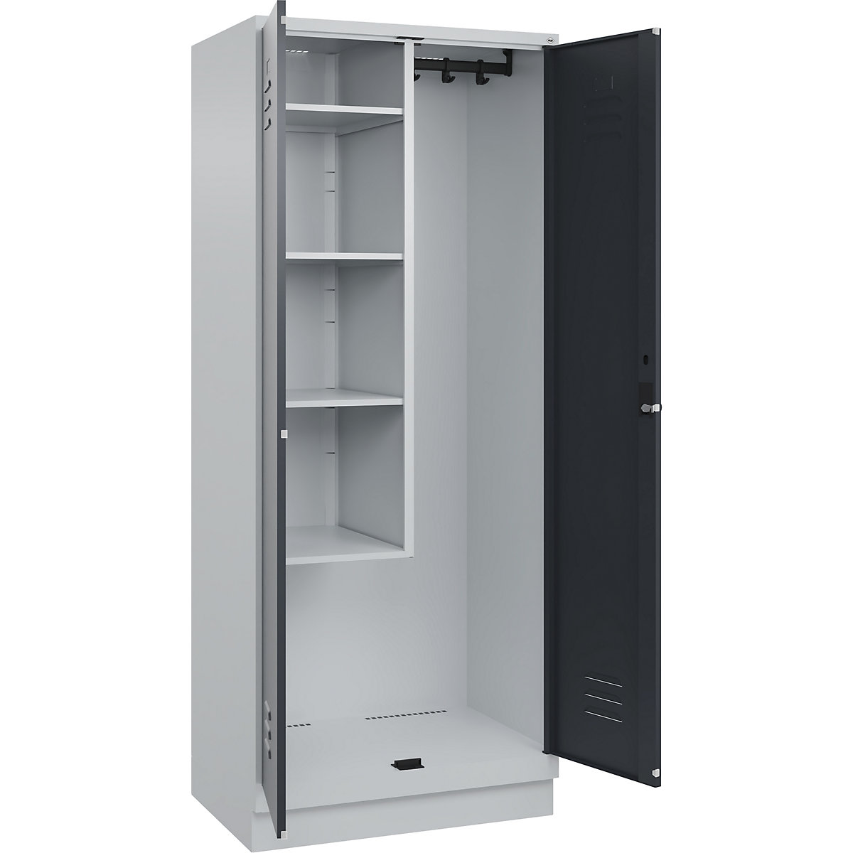 Cacifo para material de limpeza Classic PLUS – C+P, 1 compartimento, divisória central, encurtada, cinzento claro/cinzento, L 800 mm, com rodapé, trinco rotativo-0