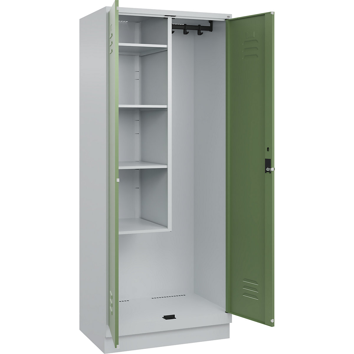 Cacifo para material de limpeza Classic PLUS – C+P, 1 compartimento, divisória central, encurtada, cinzento claro/verde reseda, L 800 mm, com rodapé, trinco rotativo-0